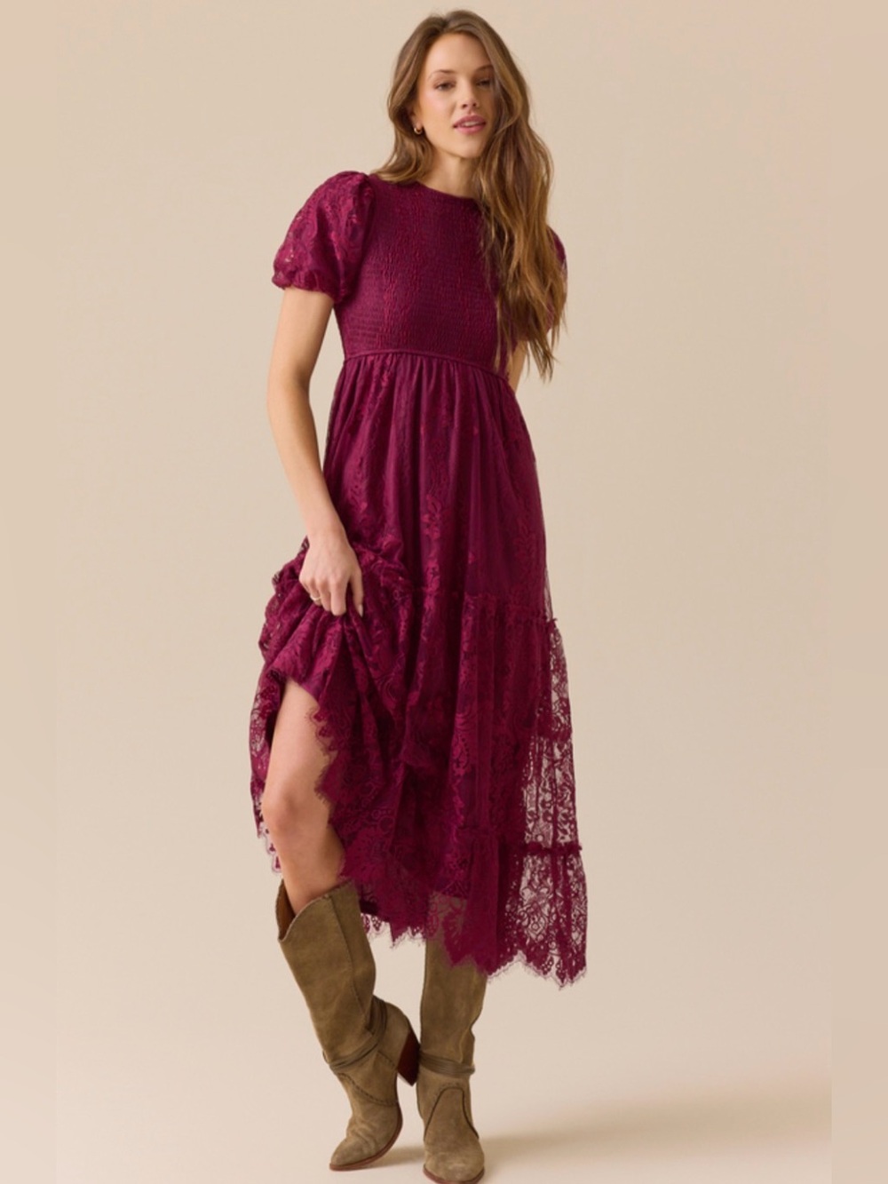 Altar'd State Wine Lace Tiered Maxi Dress